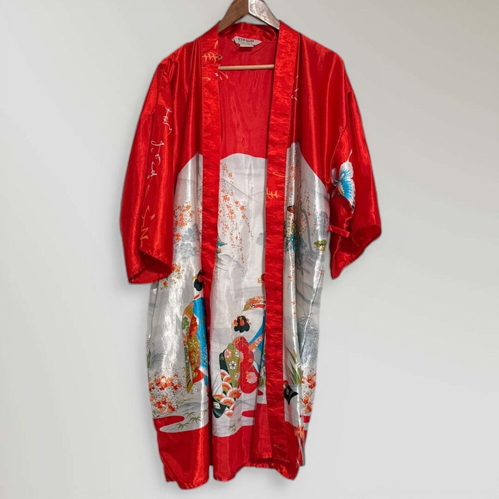 Vintage Japanese Kimono Robe Ichiban Red Satin Short Kimono Floral Open Front